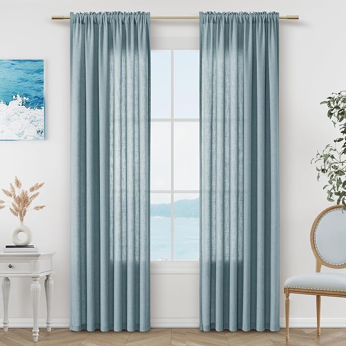 Blue Linen Curtains 84 Inch Length for Living Room Bedroom 2 Panels Set Rod Pocket Light Filtering Semi Sheer Window Curtains 52 Inch Width Boho Farmhouse Linen Drapes Dusty Blue, W52xL84