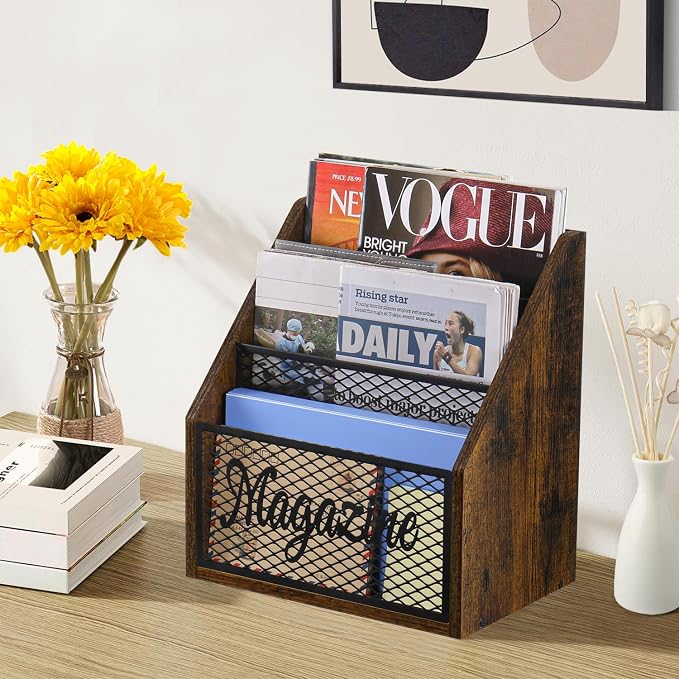 YINMIT 3 Tier Magazine Rack, Stepped Magazine Holder Floor for Home Storage | 3 Tier Stepped Design, Wood and Metal Construction, Easy Magazine Display, Book Organizer Basket for Living Room, Office