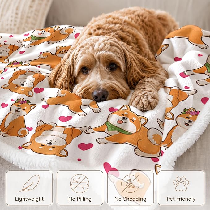 BlessLiving Throw Blanket, White Dog Pink Animal, 50x60 in | sherpa fleece fabric, Shiba Dense Pet Blankets Kawaii Puppy print, for couch or sofa, pet lovers, easy machine care