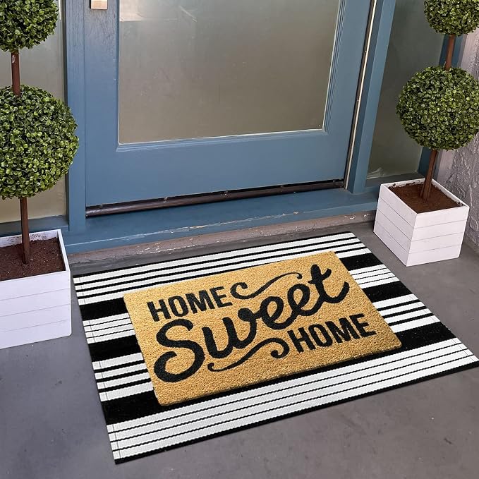 Black and White Striped Door Mat Outdoor 24"x35"Washable Layered Doormat | Hand-Woven Farmhouse Indoor/Outdoor Rug Front Porch Mat Combined Use with Hello Welcome Mat