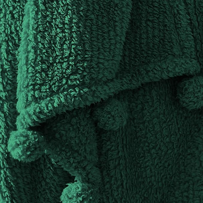 HORIMOTE HOME Ultra Soft Sherpa Throw Blanket with Pompom Fringe, Lightweight Plush Boho Throw Blanket for Couch, Sofa, Bedroom,Travel, Christmas Decor, Warm Blanket for Winter, 60"x80", Green