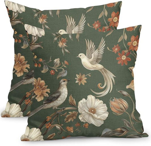 Kawani Vintage Floral Pillow Covers 16x16 Inch Set of 2 Green Chinoiserie Flower and Bird Outdoor Decorative Throw Pillows Retro Rustic Pillowcases Farmhouse Cushion Covers for Couch Home Decor