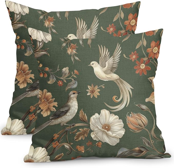 Kawani Vintage Floral Pillow Covers 18x18 Inch Set of 2 Green Chinoiserie Flower and Bird Outdoor Decorative Throw Pillows Retro Rustic Pillowcases Farmhouse Cushion Covers for Couch Home Decor