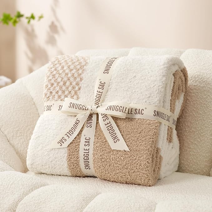 Snuggle Sac Checkered Blanket, Beige Throw Blanket for Couch Plaid Microfiber Fluffy Warm Cozy Soft Oversized Throw XL Reversible Checkered Blankets for Sofa, Chair, Bed, 50x70 inches