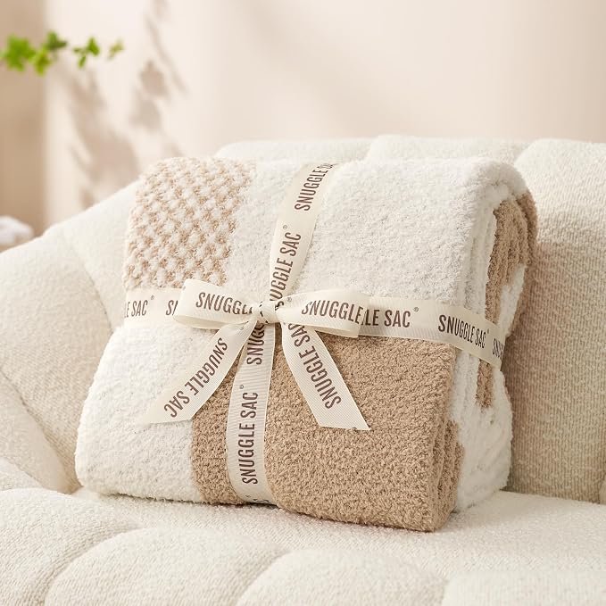 Snuggle Sac Checkered Blanket, Beige Throw Blanket for Couch Plaid Microfiber Fluffy Warm Cozy Fuzzy Soft Throw Blanket Reversible Checkered Blankets for Sofa, Chair, Bed, 50x60 inches