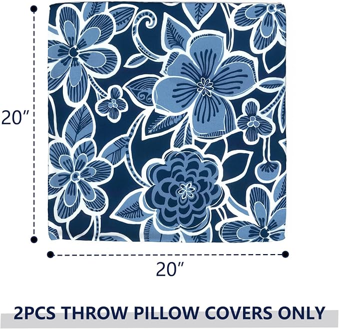 Outdoor Pillow Covers for Patio Furniture 20x20 Inch, Decorative Patio Throw Pillow Covers Set of 2, Modern Square Cushion Cases for Porch Garden Home Office,Flower Navy