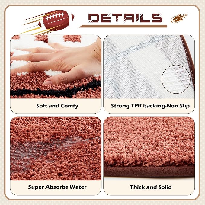 Funtery Large Football Rug for Boys Room Decor 32x39" Non Slip Absorbent Sports Soft Carpet Sports Area Rug Washable Touchdown Mat for Bathroom Playroom Athlete Back to School (Brown Football)