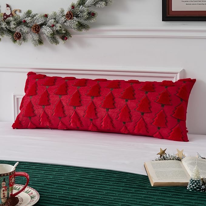 UGASA Christmas Tree 14x36 Inch Long Lumbar 1 Pack Soft Plush Faux Fur Luxury Embroidery Rectangle Cushion Case for Couch Sofa Holiday Festivals Winter Xmas Gift, Red & Green