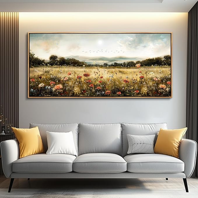 KELIYUAN Large Canvas Wall Art For Kitchen Dining Room Vintage Decor, Lawn Paintings With Flowers Wall Decorations Prints Home Office Living Room Bedroom Restaurant Home Decor 32"X72" Wooden Frame