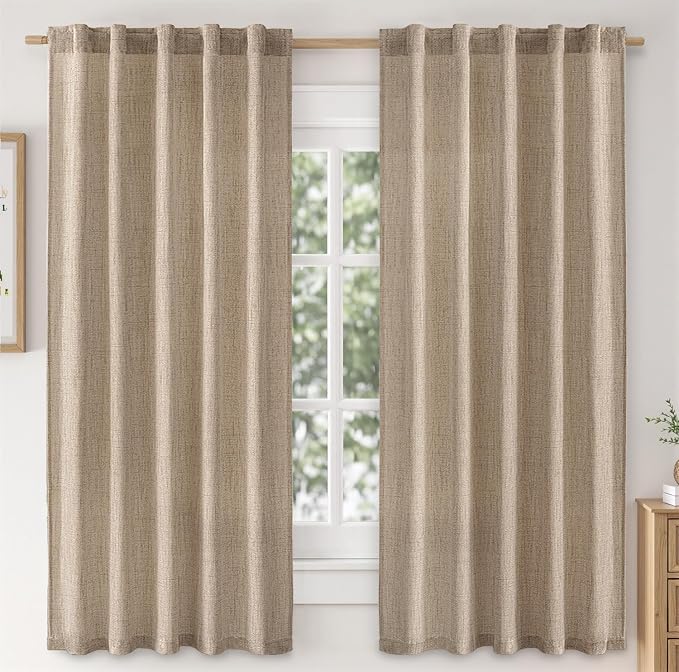 MIULEE Faux Linen Curtains 63 Inch Length 2 Panels Natural Copper Brown Semi Sheer Curtain with Back Tab Rod Pocket, Light Filtering Window Privacy Burlap Drapes for Living Room Bedroom 42W x 63L