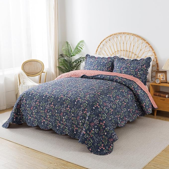 Travan 3-Piece Quilt Set Quilted Bedspread Lightweight Coverlet Set Garden Style Floral Printed Oversized Quilted Bedding Set for All Season, Blue Flower Sea, Queen Size