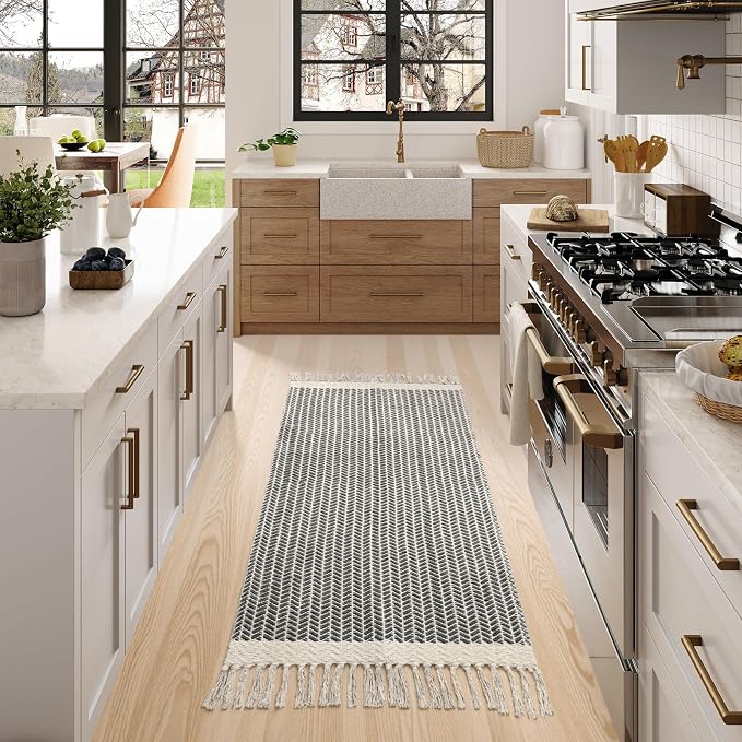 Lahome Boho Kitchen Runner Rug, 2x4.3 Washable Bathroom Entryway Rugs | Woven Cotton Throw Mat with Tassels, Farmhouse Non Shedding Lightweight Low Pile Carpet for Bath Bedroom Doorway, Khaki