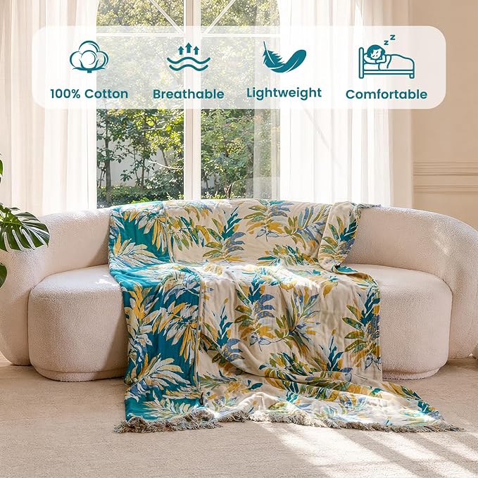 MSGKV Boho Throw Blanket 50"x60" 100% Cotton Leaves Muslin Throw for Couch | 100% Cotton Blanket, Leaves Throw Blanket, Reversible Weave, Soft & Breathable, Nature Home Decor, Machine Washable