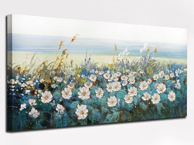 Arjun Flower Wall Art for Living Room, Teal Bedroom Canvas Daisy Floral Painting Landscape Picture Artwork Large Textured Office Home Dining Room Kitchen Wall Decor Large 48"x24"