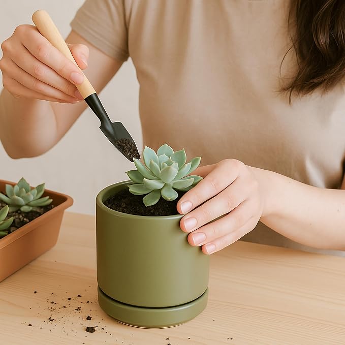 D'vine Dev 3.5 Inch Ceramic Planter Pot, Olive, 94-O-A-J | Modern Cylinder Design, Drainage Hole & Saucer Included, Stable Structure, Elegant Home Accent