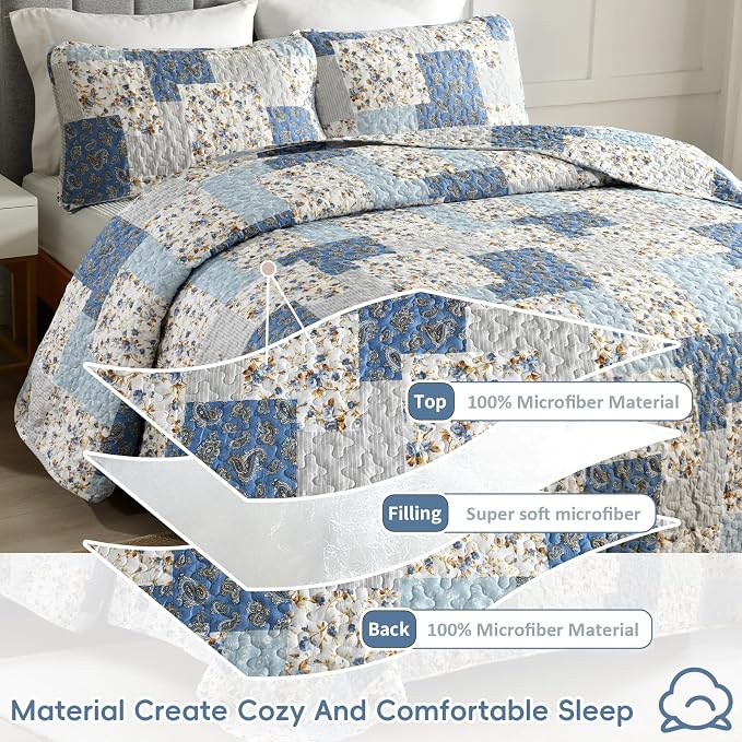 Mybedsoul Boho Quilts Queen Size, Floral Patchwork Bedding Set, Light Blue | Soft Lightweight Microfiber Coverlet Set, 3 Pieces Plaid Reversible Bedspread, Bed Sets for All Seasons 96"x90"