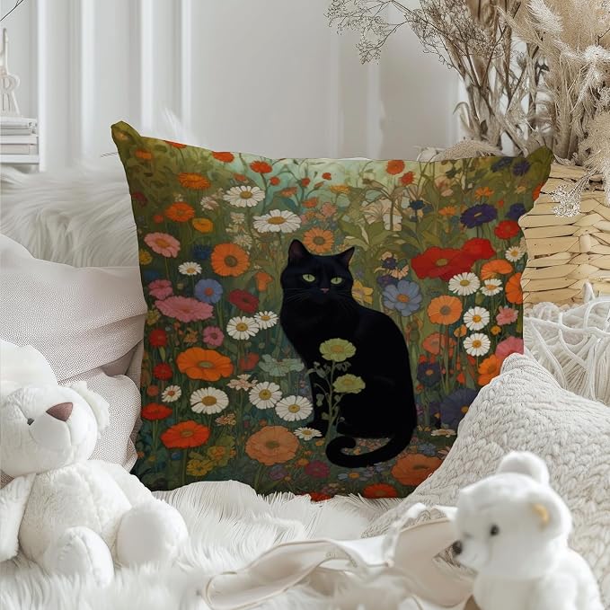 Floral Black Cat Pillow Covers 18x18, Vintage Wildflower Black Cat Decorative Throw Pillow Covers for Home Bedroom Living Room, Gifts for Cats Lovers Women