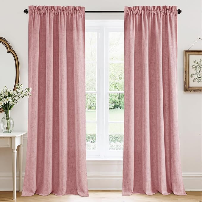 RYB HOME Living Room Curtains and Drapes Linen Sheer 84 inches Long | Light Filtering, Breathable, Weave Textured, Rod Pocket, for Bedroom, Semi Sheer, Peach Blush, W52 x L84, 2 Panels Set