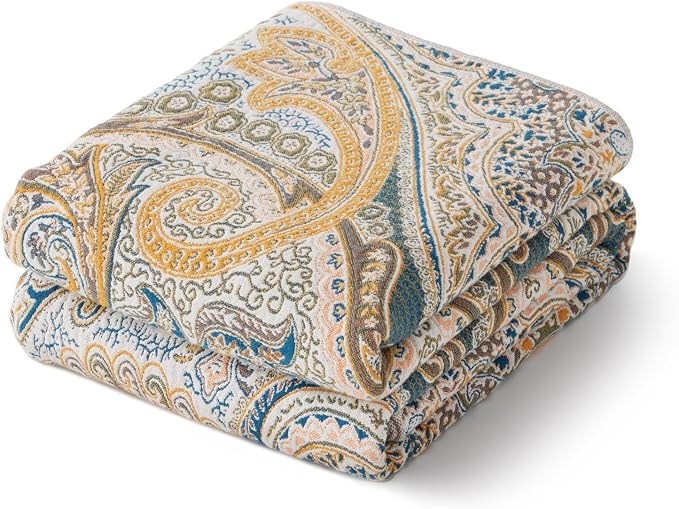 100% Cotton Boho Throw Blanket for Home Decor – Classic Farmhouse Quilt Bedding, Muslin Blankets for Adults, Vintage Woven Decorative Blanket for Couch, Bed Layering Use, Paisley Pattern, 50"x60"