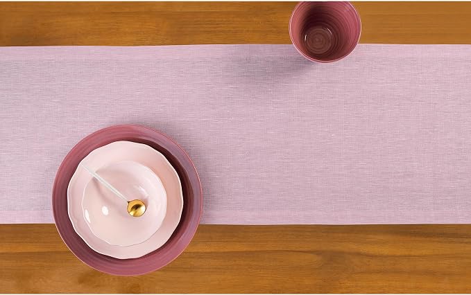 Solino Home 100% Pure Linen Dining Table Runner Pink, Athena 14 x 36 in | brings a tailored look to family meals and hosting, European flax fibres, low iron finish, Bubblegum Pink, OEKO-TEX Certified