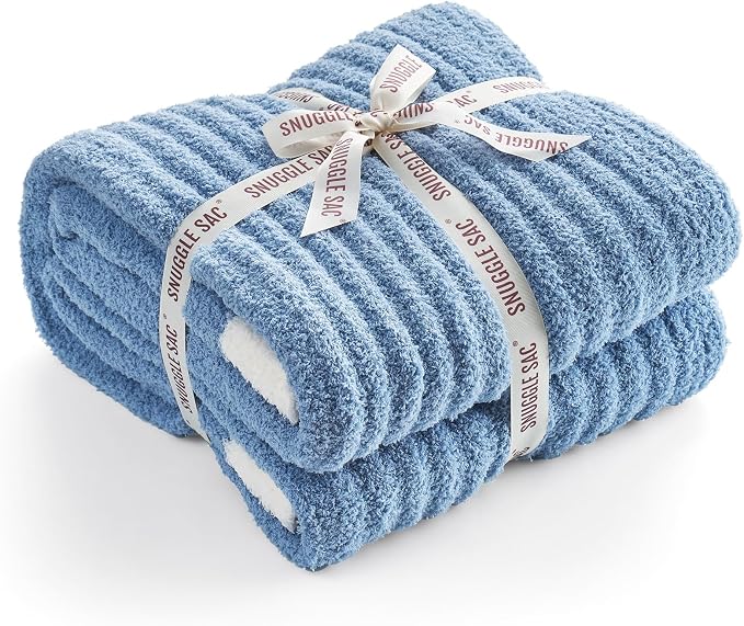 Snuggle Sac Ribbed Blue Throw Blanket for Couch, Microfiber Knit Stripe Throws, Soft Fuzzy Blankets for Couch, Sofa, Travel, Blue, 50x60 inches
