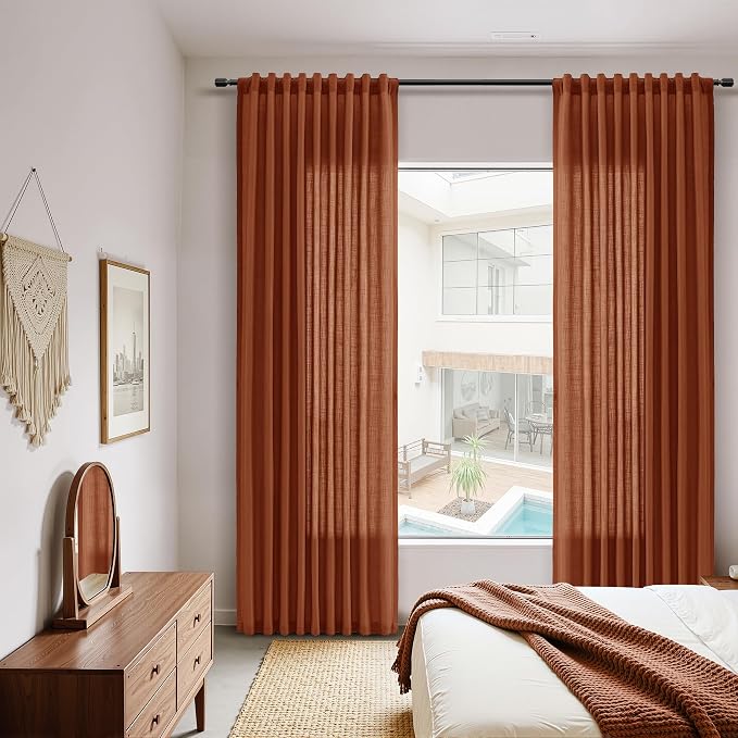 Extra Long Linen Curtains 120 Inches for Living Room Back Tab Semi Sheer High Floor to Ceiling 10ft Light Filtering Curtain Boho Farmhouse Decor Window Drapes for Bedroom 2 Panels Terracotta