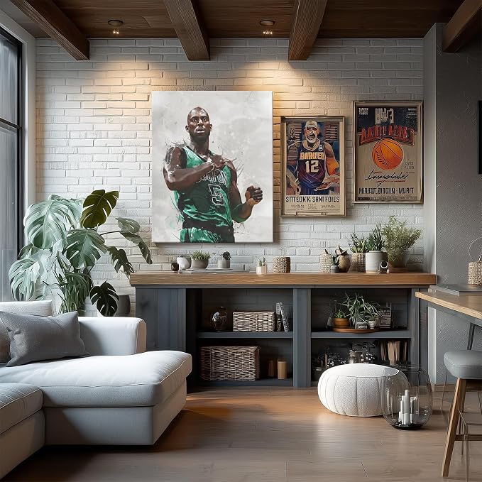 Kevin Garnett Basketball Canvas Wall Art, Sports Player Poster, 24x30 Inch | Abstract splash ink athletic artwork, motivational sports wall decor for teen boys room, bedroom, living room, gym or office