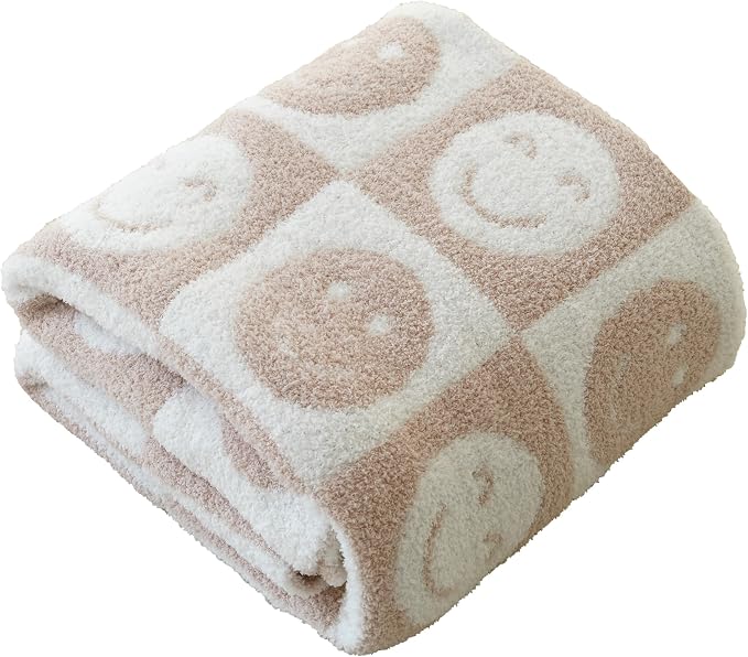 Ultra Soft Cozy Happy Smiling Face Checkered Knitted Throw Blanket Fluffy Microfiber Checkerboard Bed Blanket Lightweight Both Sides Blanket for Couch Sofa Bed (Smile Cream, Throw 50“x60”)