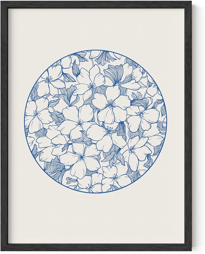 HAUS AND HUES Blue Wall Art - Japanese Floral Caligraphy Flower Print, Blue Artwork for Bathroom, Asian Decor for Bedroom, Framed Wall Art 12x16 Black