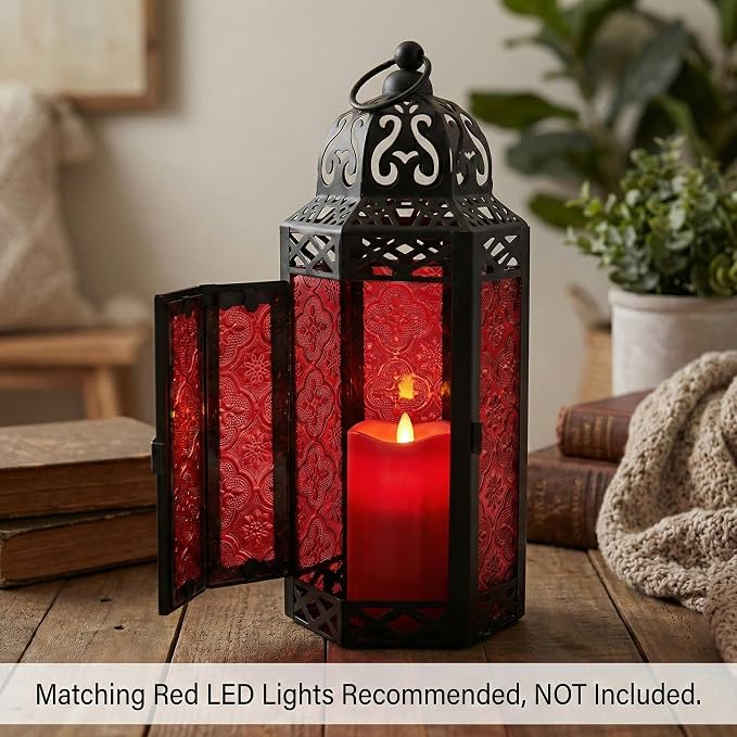 Vela Lanterns Decorative Indoor Moroccan Candle Holder Lamp, Red, M | Gothic Dark Academia Decor, Whimsigoth, Medieval & Vampire Decor, Hanging Turkish Lamp, Halloween Centerpiece, 10.5" Tall