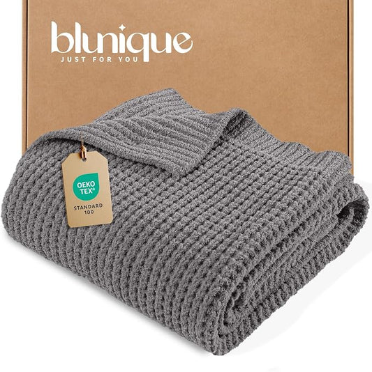 Waffle Knit Throw Blanket for Couch, Soft Cozy Chunky Knit Thick Knitted Blanket for Sofa, Bed, Gift for Women Girls Home Decor (Grey, Throw 50"x60")