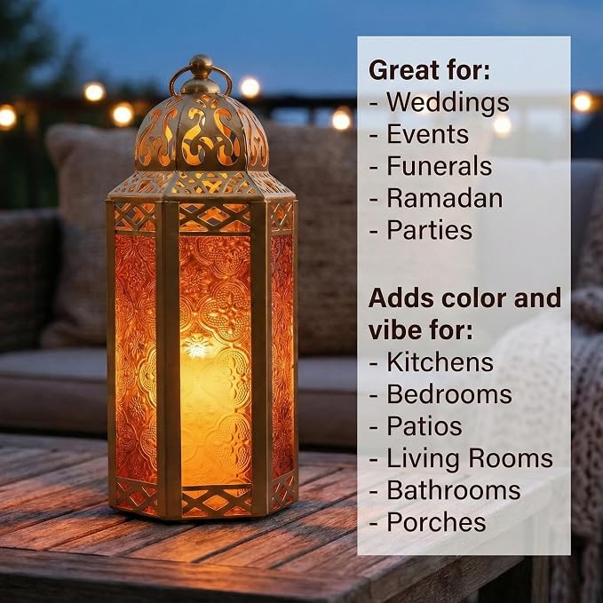Vela Lanterns Decorative Indoor Moroccan Candle Holder, Gold Amber, M