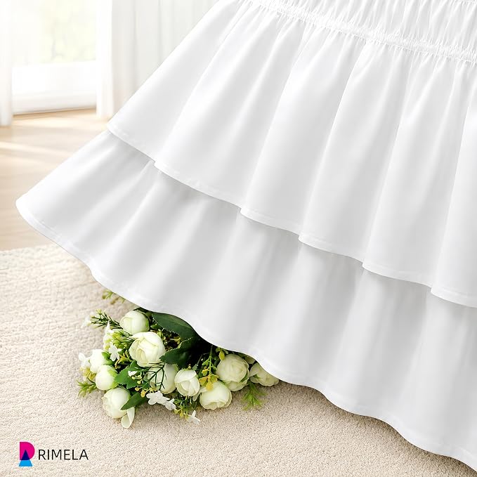 RIMELA Queen Size Wrap Around Bed Skirt, 15 Inch Drop White Double Layer Tiered Ruffle Dust Ruffle, Soft Stretchy Elastic, Wrinkle Resistant, Easy Install No Tools Needed Bedskirt