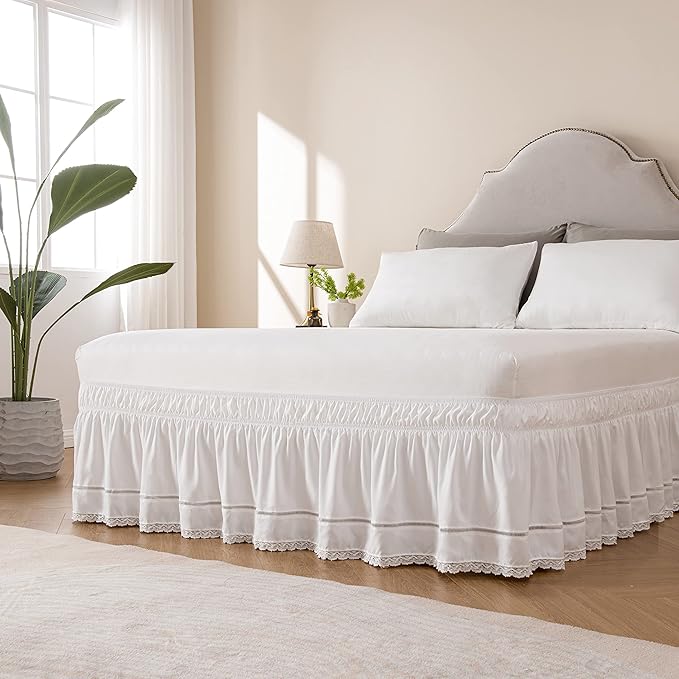MIYE Wrap Around Ruffled Lace Bed Skirt, Elastic Dust Ruffle with Adjustable Belts, Easy to Put On, Bed Frame Cover, Machine Washable (Floral Lace/White, Full/Twin-15 Drop)