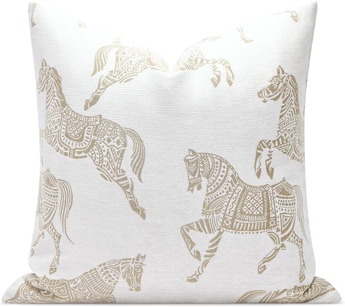 Throw Pillow Cover 20x20 inches, Double Sided Beige Horse Pattern Chenille Jacquard Pillow Covers, Modern Style Horse Pillows Decorative Throw Pillows Cushion Cover for Bed Couch