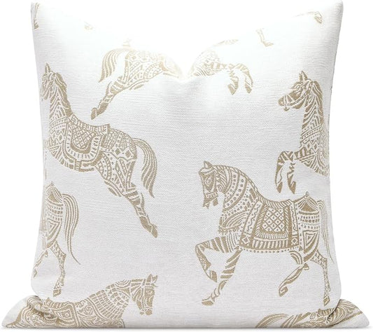 Throw Pillow Cover 20x20 inches, Double Sided Beige Horse Pattern Chenille Jacquard Pillow Covers, Modern Style Horse Pillows Decorative Throw Pillows Cushion Cover for Bed Couch