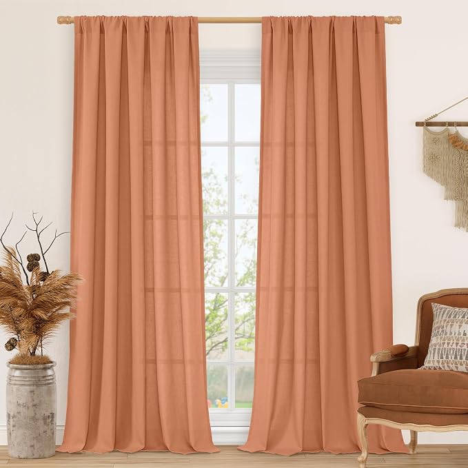 Light Filtering Linen Boho Curtains 84 inch Length for Living Room | Semi Sheer, Privacy, Linen Textured, Drapes for Bedroom, Rustic Farmhouse, Rod Pocket, 52 x 84 Inch, Terracotta, 2 Panels