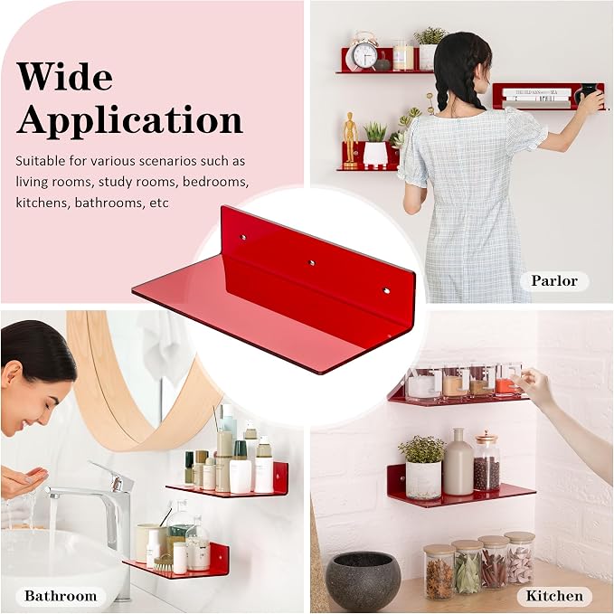 Sezanrpt 12 Inches Red Small Wall Shelves, Acrylic Bathroom Floating Shelves for Living Room, Bathroom, Bedroom, 2 Pack