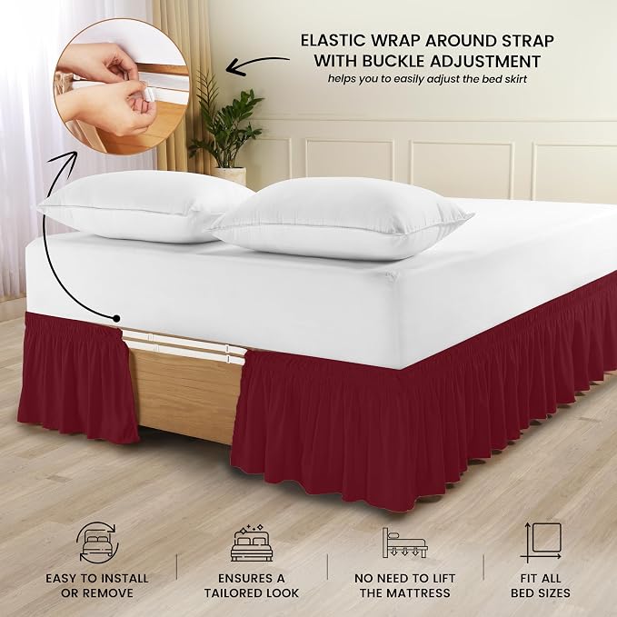Wrap Around Queen Bed Skirt, Easy Fit Elastic Belt, 16 Inch Drop, Burgundy | No Mattress Lifting, Stay-Put Design, Adjustable Buckle & Elastic Belt, Wrinkle & Fade Resistant, Brushed Microfiber