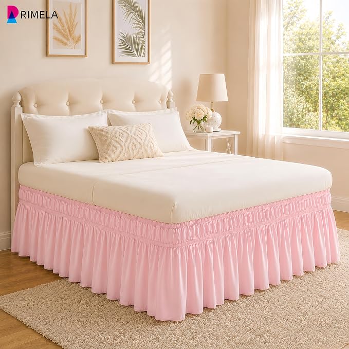 Pink Bed Skirt Queen Size 15 Inch Drop, Elastic Wrap Around Bedskirt | Solid Ruffled, Easy to Use, No Mattress Lifting, Wrinkle & Fade Resistant, with Adhesive Strips, Machine Wash/Dry/Iron