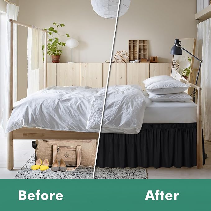 Wrap Around King Size Bed Skirt Split Corner 17" Drop-Elastic Dust Ruffle | Black Adjustable Pleated Bedskirt-Easy Fit Wrinkle Resistant Washable Fabric Bed Skirting-Master Guest Bedroom Couples Hotels