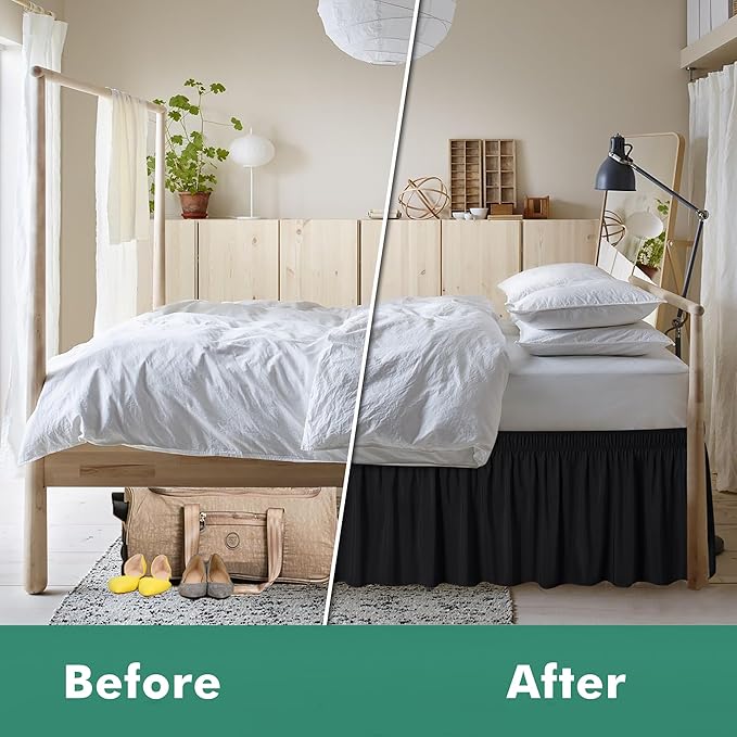 Wrap Around Queen Size Bed Skirt Split Corner 16" Drop-Elastic Dust Ruffle | Black Adjustable Pleated Bedskirt-Easy Fit Wrinkle Resistant Washable Fabric Bed Skirting-Master Guest Bedroom Rental Hotels