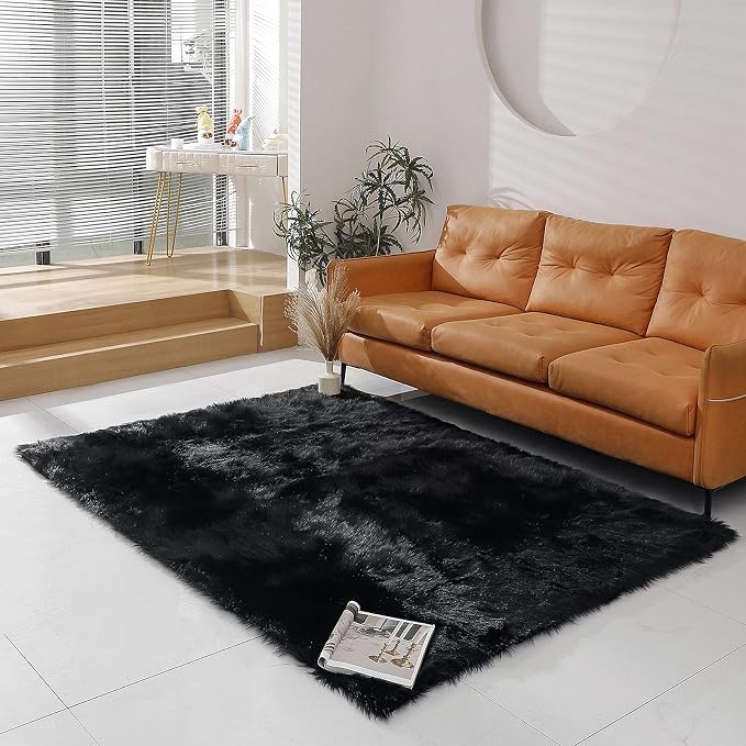 linmopm Faux Fur Rug Sheepskin Shag Fluffy Fuzzy 5x7 ft Black Rugs for Bedroom Bedside Bed Floor Living Room Plush Rectangle High-Density Cushion Carpet Super Sofa Cover
