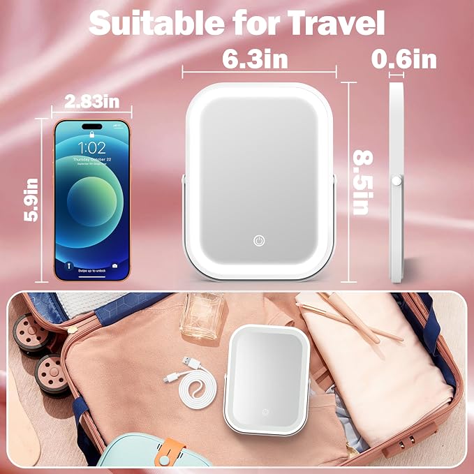 ROLOVE 6x8 Inch Rechargeable Makeup Mirror with Lights, 3 Color, Portable