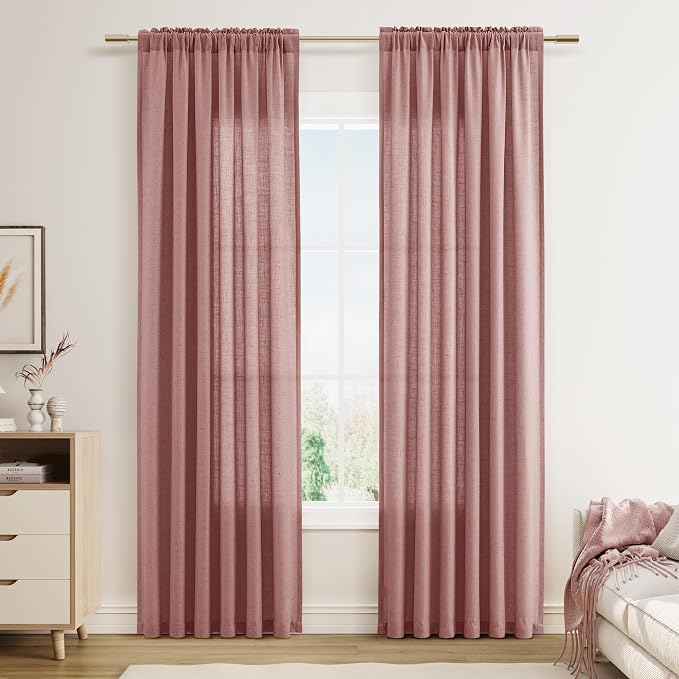 Canyon Rose Linen Curtains 84 Inches Long 2 Panel Set Rod Pocket Semi Sheer Girls Bedroom Living Room Airy Soft Fabric Window Treatments 52x84