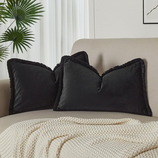 JUSPURBET Black Velvet Throw Pillow Covers 16x24 Inch Set of 2 with Soft Tassel Fringe Luxury Boho Pillowcase for Sofa Couch Bed Home Decor Machine Washable