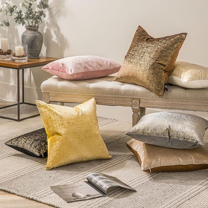 Phantoscope Pack of 2 Sparkling Velvet Decorative Solid Throw Decorative Pillow Cover Soft Gold Glitter Square Cushion Cover Pillowcase for Couch Bed and Chair, Beige, 18 x 18 inches, 45 x 45 cm