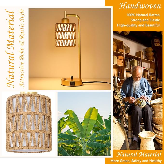 Gold Lamp for Bedroom, Boho Rattan Table Lamps Set of 2 with LED Bulbs, Bedside Lamps for Night Stands with Wicker Shade, USB Port and Outlet, Modern Side Desk Lamp for Living Room Office
