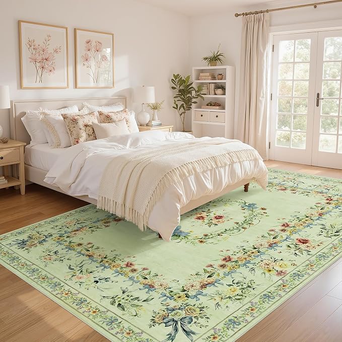 Joydeco Boho Bow Floral 9x12 Rug for Living Room Bedroom, Beige Machine Washable Area Rug for Bedroom Girls Nursery, Non Slip Indoor Carpet for Playroom Kids Dining Room Dorm Classroom, Beige