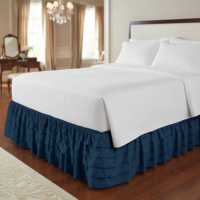 Elegant Comfort Luxurious Premium Quality 1500 Thread Count Wrinkle and Fade Resistant Egyptian Quality Microfiber Multi-Ruffle Bed Skirt - 15inch Drop, Full, Navy Blue